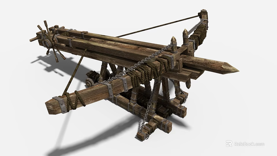 Ancient Medieval Siege Weapon With Wooden Frame Chains Ropes And Wheels 3d model 