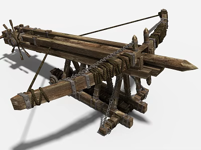 Ancient Medieval Siege Weapon With Wooden Frame Chains Ropes And Wheels 3d model