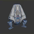 3D Model Spaceship With White Body Red Logo Mechanical Legs Worn Texture And Dark Background
