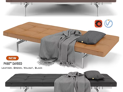Modern Brown Leather Walnut And Black Metal Stool With Gray Cushion And Throw Blanket 3d model