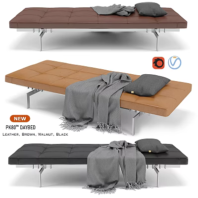 Modern Brown Leather Walnut And Black Metal Stool With Gray Cushion And Throw Blanket 3d model