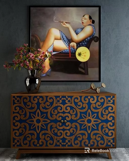 Elegant Blue Gold Carved Console Cabinet With Floral Vase And Decorative Painting 3d model 