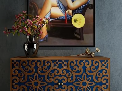 Elegant Blue Gold Carved Console Cabinet With Floral Vase And Decorative Painting 3d model