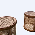 Set of Two Modern Round Rattan Stools with Wooden Frame and Woven Pattern