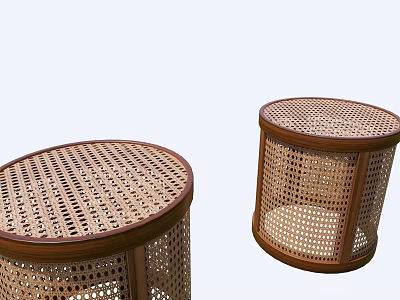 Set of Two Modern Round Rattan Stools with Wooden Frame and Woven Pattern 3d model
