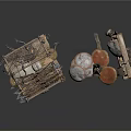 Ancient Medieval Weapons Collection with Metal Shields Spears Arrows on Wooden Shelf