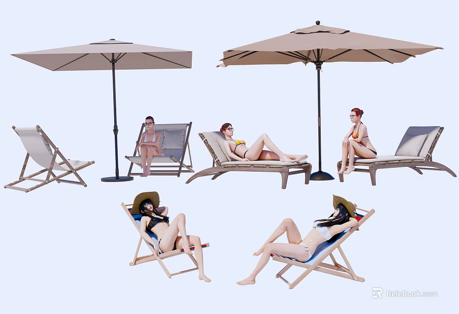 Outdoor Lounge Chairs With Umbrellas For People Relaxing In Sunlit Space 3d model
