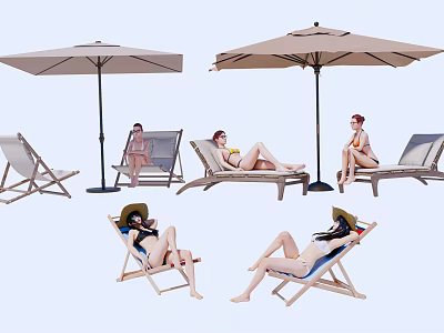 Outdoor Lounge Chairs With Umbrellas For People Relaxing In Sunlit Space 3d model