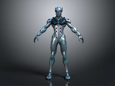 Game and Movie Character Silver Robot With Metallic Armor Blue Red Details Futuristic Design 3d model