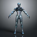Game and Movie Character Silver Robot With Metallic Armor Blue Red Details Futuristic Design