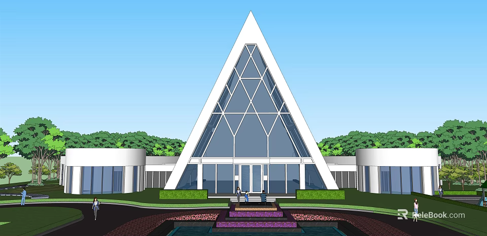 Triangular Sales Office Building With Modern Glass Facade Front Water Feature And Greenery 3d model 