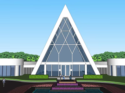 Triangular Sales Office Building With Modern Glass Facade Front Water Feature And Greenery 3d model
