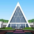 Triangular Sales Office Building With Modern Glass Facade Front Water Feature And Greenery