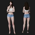 Woman In White Tank Top And Denim Shorts With High Heels Front Back Views