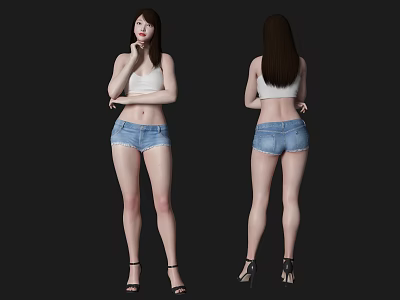 Woman In White Tank Top And Denim Shorts With High Heels Front Back Views 3d model
