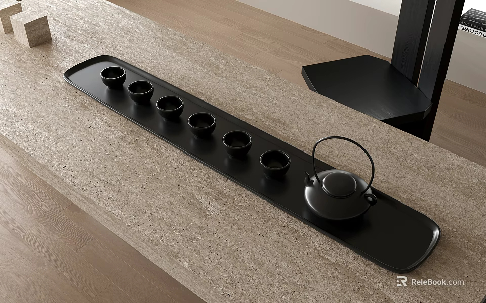 Black Tea Set with Long Tray Six Teacups and Teapot on Light Tabletop 3d model 