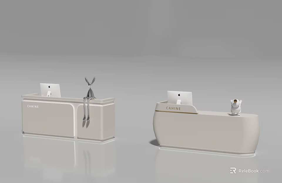 Modern Double Front Desk Backdrop With Sleek Light Beige Design And Decorative Ornaments 3d model 