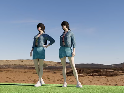 Two women wearing denim jackets and blue skirts standing on green grass with desert background 3d model