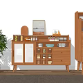Natural Wooden Sideboard With Storage Compartments Drawers And Kitchen Jars Mugs Plates