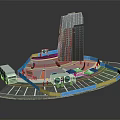 Modern Urban Architecture With High Rise Building Parking Lot And Public Facilities