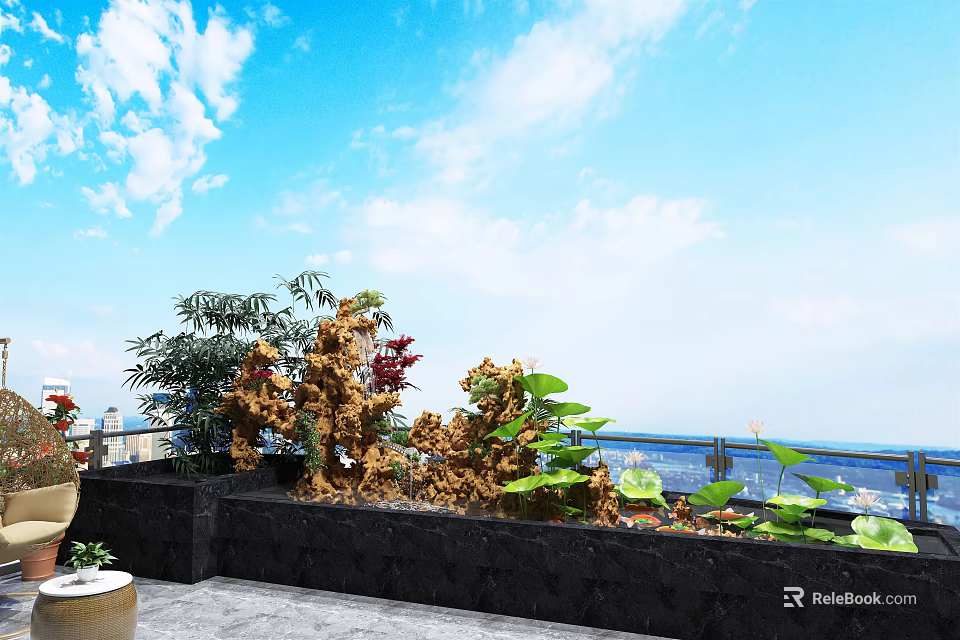 Rooftop Garden Ornaments With Green Plants Decorative Rocks And Scenic View 3d model 