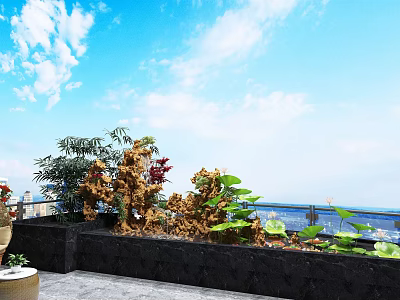 Rooftop Garden Ornaments With Green Plants Decorative Rocks And Scenic View 3d model