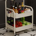 Kitchen Interior With Wooden Top Cart Vegetables Condiment Bottles Green Tiles And Black Cabinets