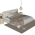 Elegant Double Bed Interior With Beige Blanket Pillows Nightstand Lamp And Woven Rug