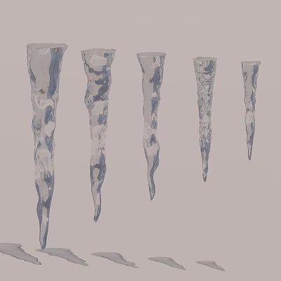 Transparent Blue Tinted Icicles With Various Shapes Arranged On Gray Background 3d model