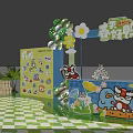 Vibrant Cartoon Spring Decoration Scene with Cute Characters Flowers and Greenery