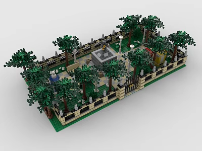 Lego Garden Scene With Trees Fence Gazebo Lamp Posts and Benches 3d model