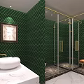 Modern Public Restroom With Green Tiled Walls Mirror Washbasin Toilet Plant And Marble Floor