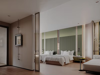 Modern Hotel Room Interior With Twin Beds Large Windows Green Curtains And Wooden Flooring 3d model