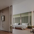Modern Hotel Room Interior With Twin Beds Large Windows Green Curtains And Wooden Flooring