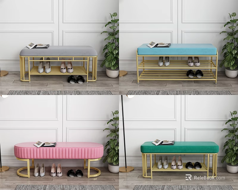 Colorful Sofa Bench With Golden Metal Frame Shoes Magazine And Green Plant Decor 3d model 