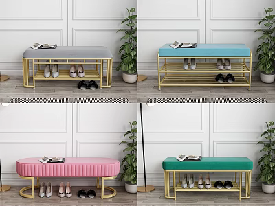 Colorful Sofa Bench With Golden Metal Frame Shoes Magazine And Green Plant Decor 3d model