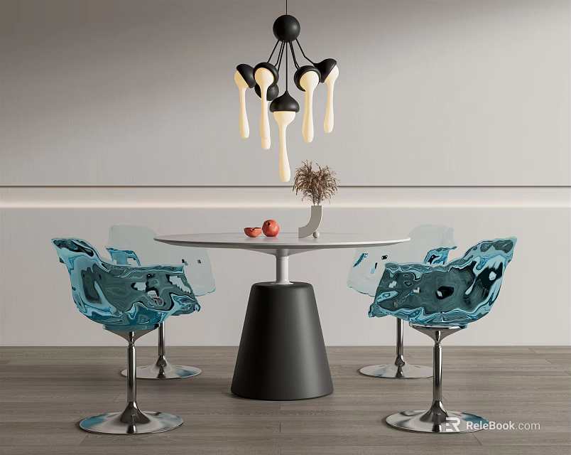 Modern Round White Dining Table Black Conical Base with Blue Transparent Chairs Metallic Silver Legs 3d model 