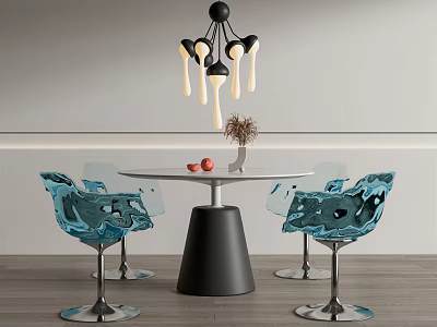 Modern Round White Dining Table Black Conical Base with Blue Transparent Chairs Metallic Silver Legs 3d model