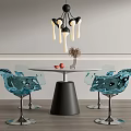 Modern Round White Dining Table Black Conical Base with Blue Transparent Chairs Metallic Silver Legs