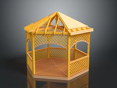 Yellow Wooden Gazebo Model With Hexagonal Base Triangular Roof Arched Doorway And Lattice Fence 3d model