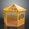 Yellow Wooden Gazebo Model With Hexagonal Base Triangular Roof Arched Doorway And Lattice Fence