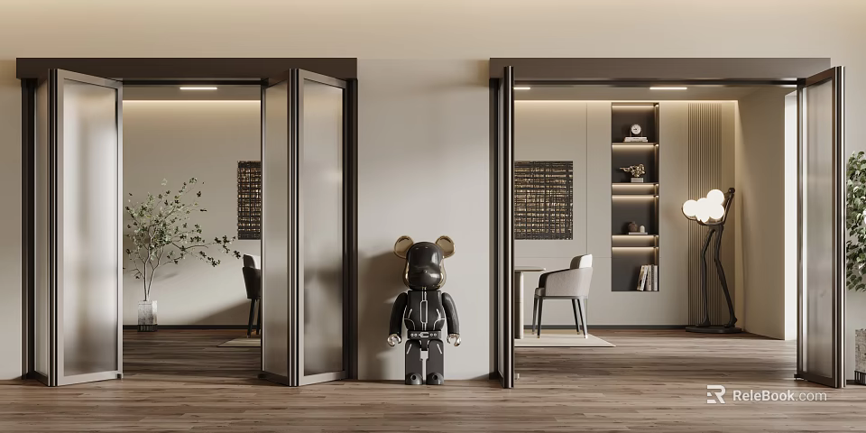 Folding Doors In Modern Interior With Black Figurine Mirror And Wooden Floor 3d model 