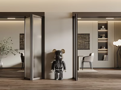 Folding Doors In Modern Interior With Black Figurine Mirror And Wooden Floor 3d model
