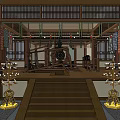 Traditional Cultural Center Interior Featuring Wooden Beams Statues And Hanging Ornaments