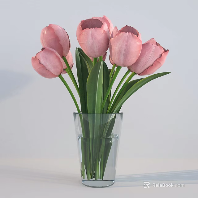 Beautiful Pink Tulips Arranged in Transparent Glass Vase with Fresh Green Leaves 3d model 
