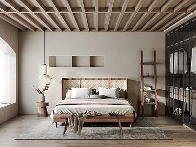 Rustic Bedroom Interior With Wooden Ceiling Beams Arched Window Pendant Lamp And Open Wardrobe 3d model