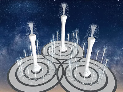 Modern White Fountain Columns With Circular Patterns Against Starry Night Sky 3d model
