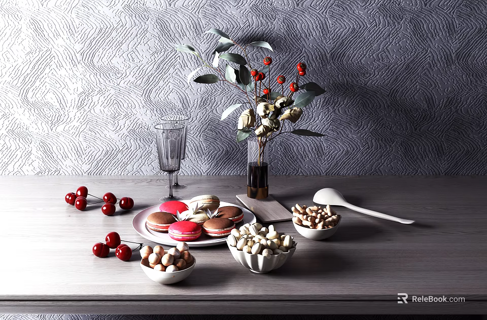 Fresh Cherries Colorful Macarons And Nuts On Wooden Table With Gray Wall Background 3d model 