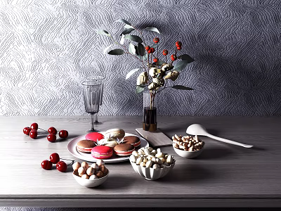 Fresh Cherries Colorful Macarons And Nuts On Wooden Table With Gray Wall Background 3d model