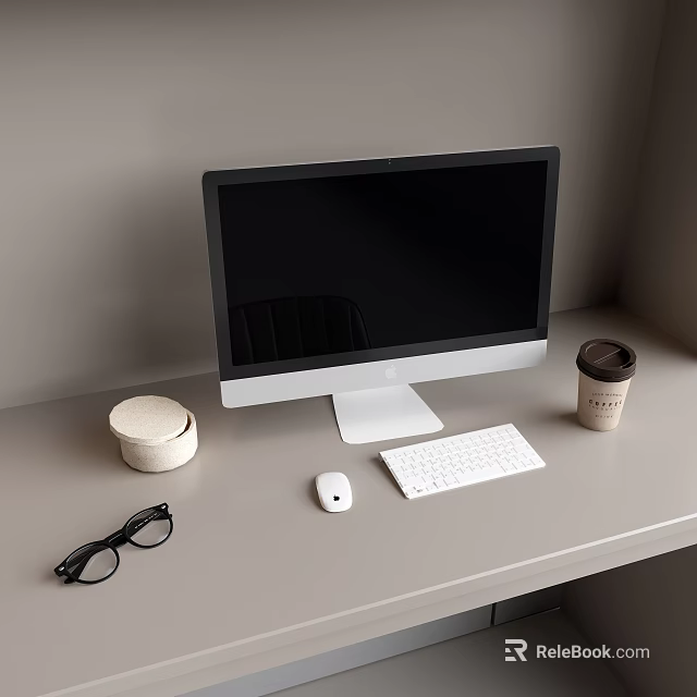 Desktop Computer Setup With Monitor Keyboard Mouse Coffee Cup And Eyeglasses On Light Colored Desk 3d model 